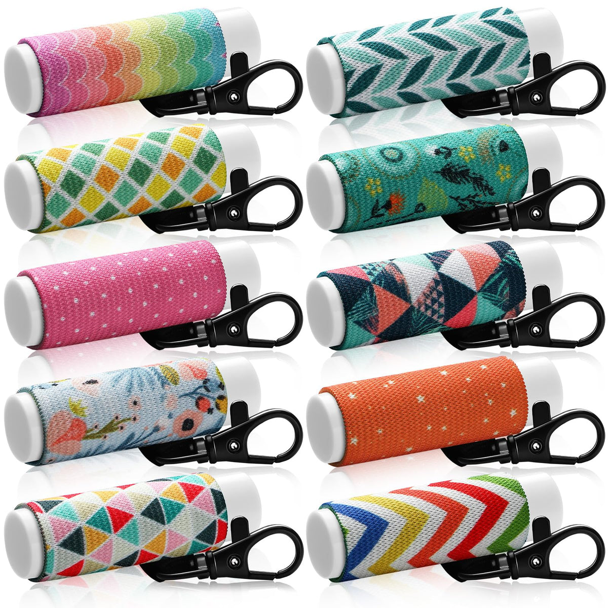 Sureio front packaging showing ten floral lip holder keychains and benefits