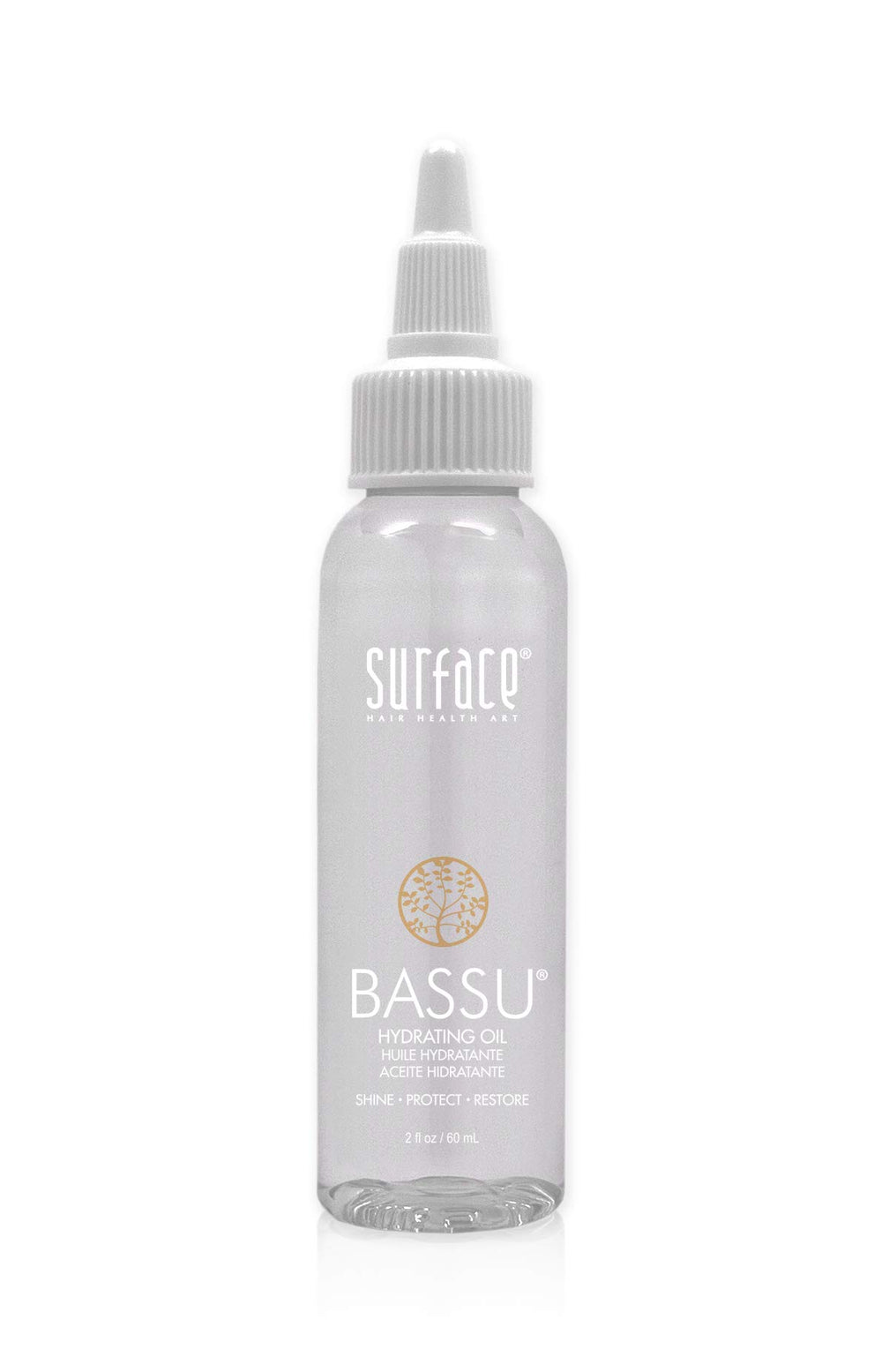 SURFACE Bassu Hydrating Oil front bottle showing label and size, highlights lightweight benefit