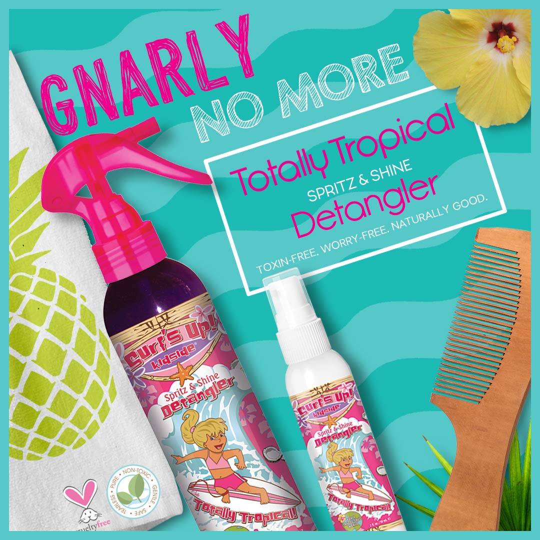 Surf's Up Kidside 8.1 fl oz bottle in hand showing scale benefit: travel-friendly size