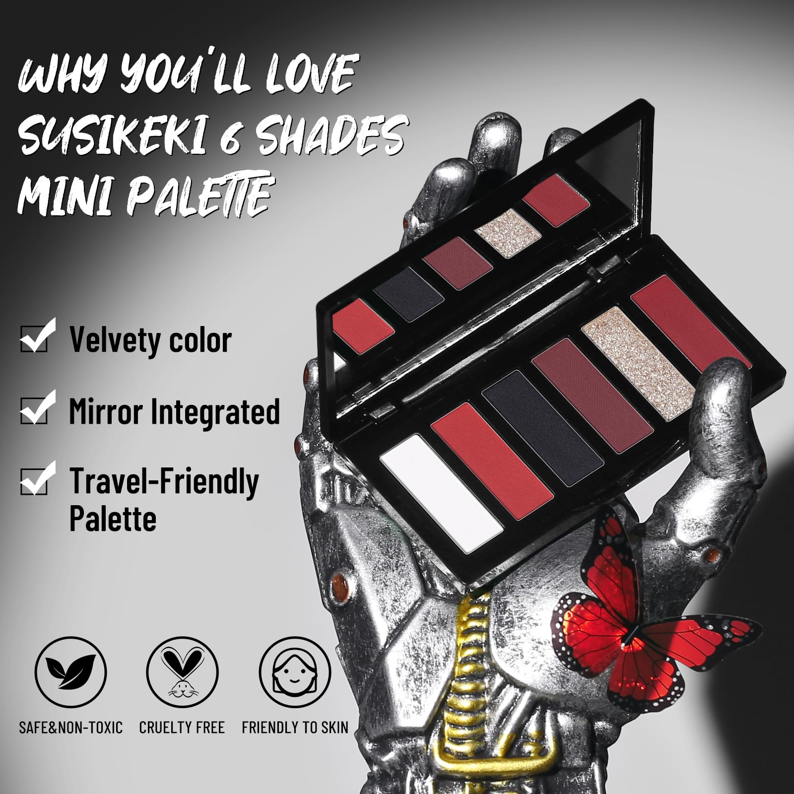 SUSIKEKI open palette displaying six red black silver shades for vivid makeup variety