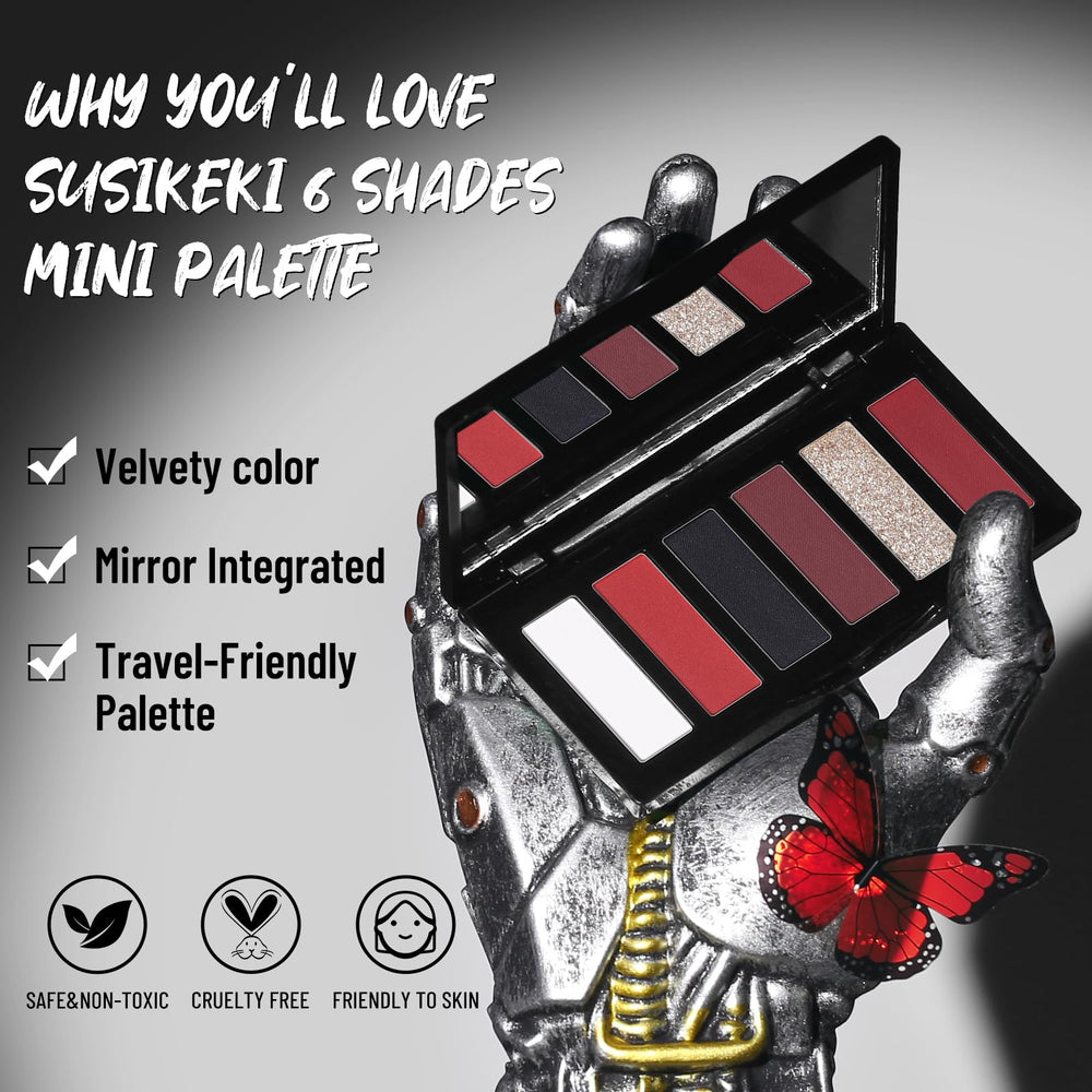 SUSIKEKI open palette displaying six red black silver shades for vivid makeup variety