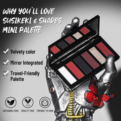 SUSIKEKI open palette displaying six red black silver shades for vivid makeup variety