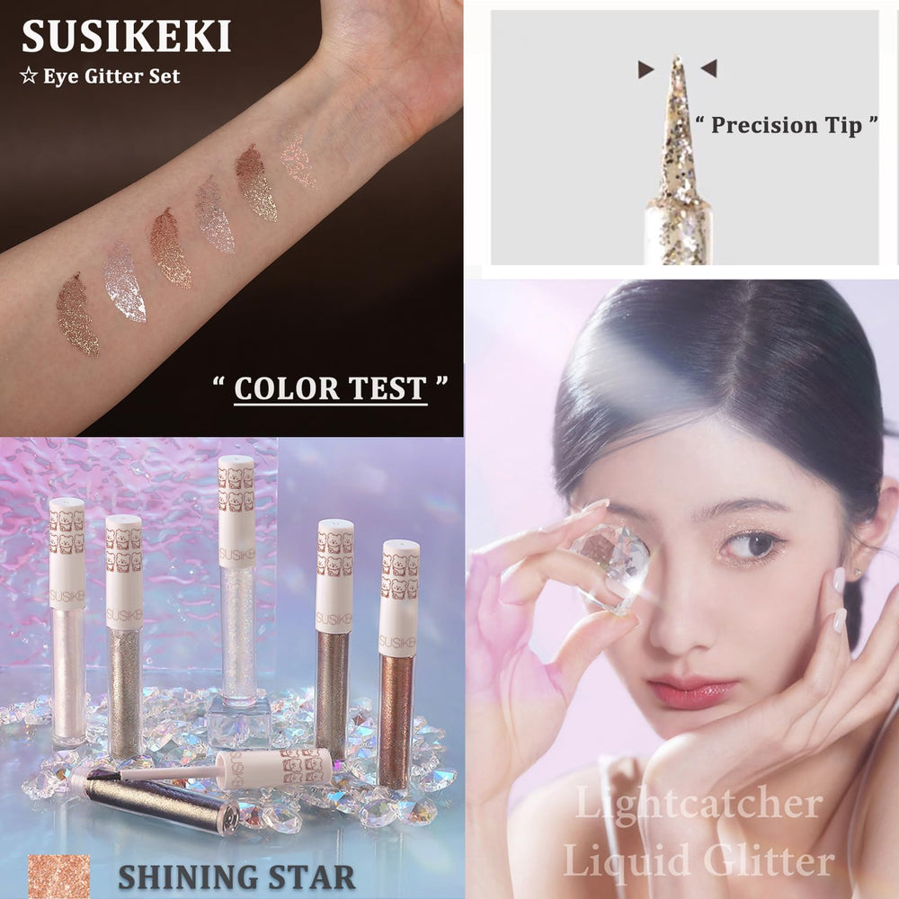 SUSIKEKI open tubes overhead displaying six distinct glitter shades for versatile looks
