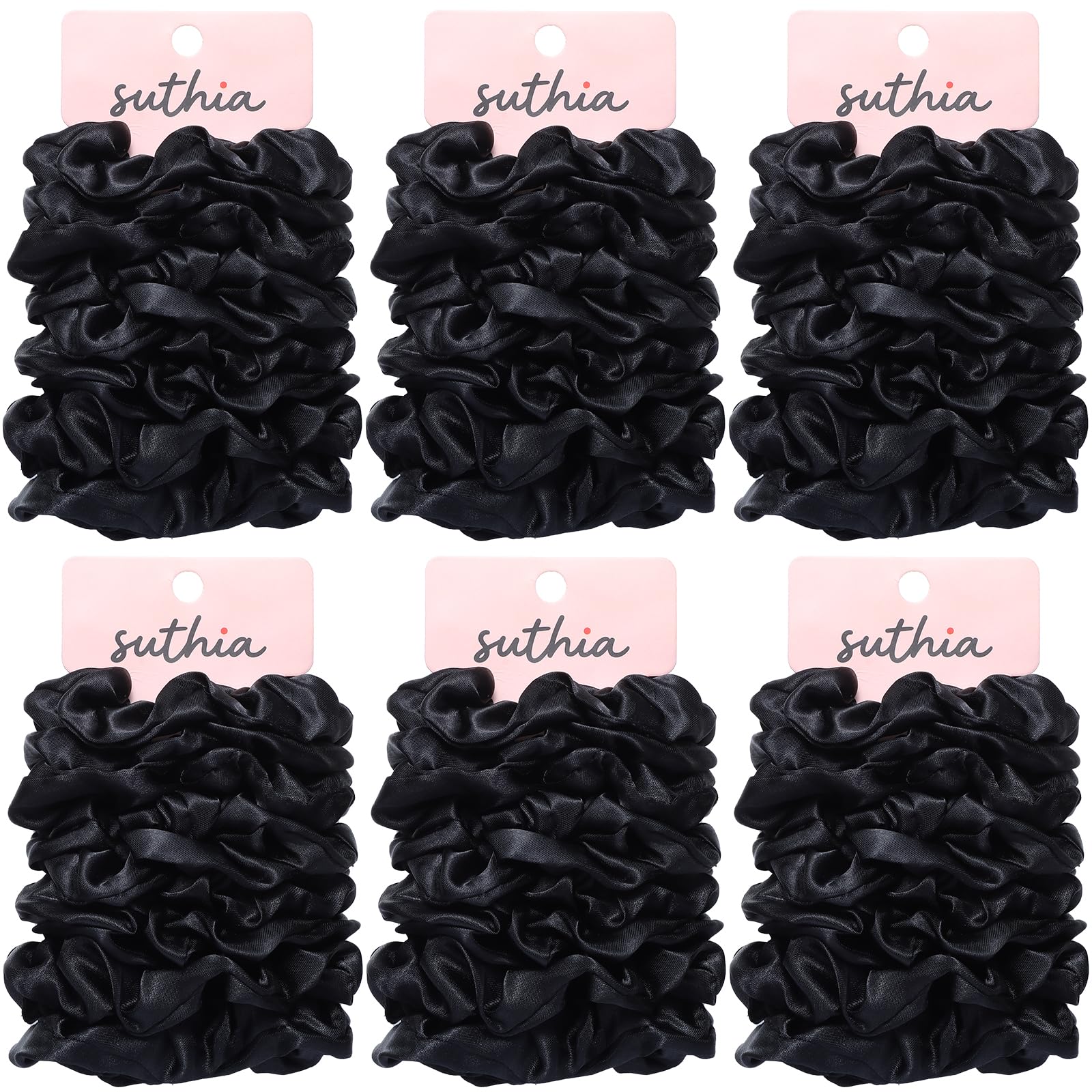 SUTHIA front packaging showing 60 black satin scrunchies and value