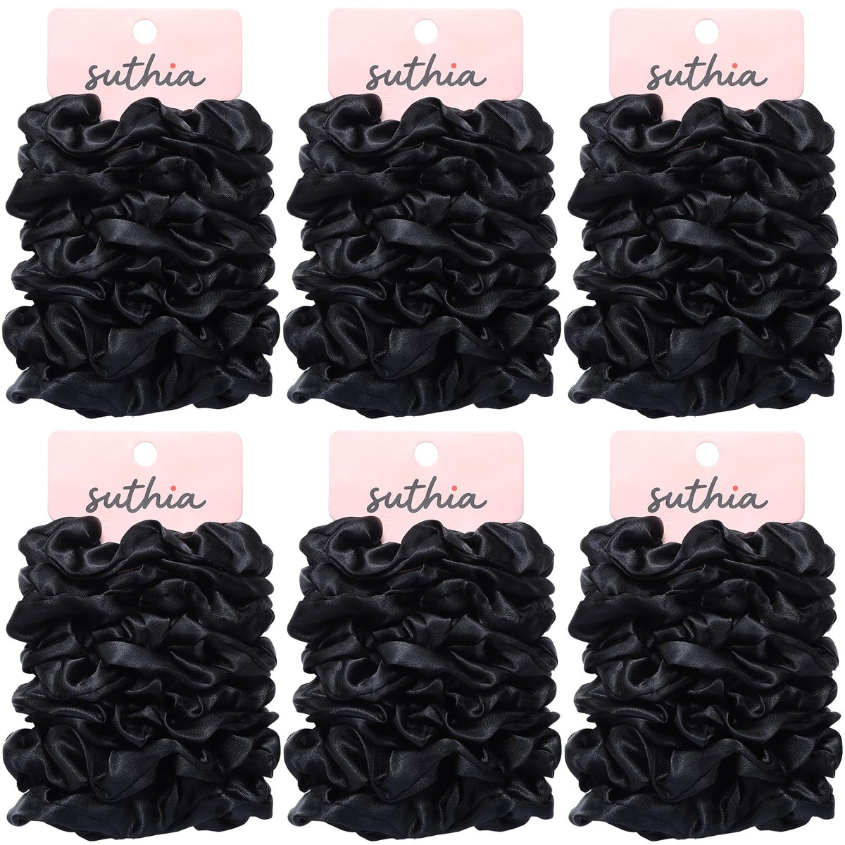 SUTHIA front packaging showing 60 black satin scrunchies and value