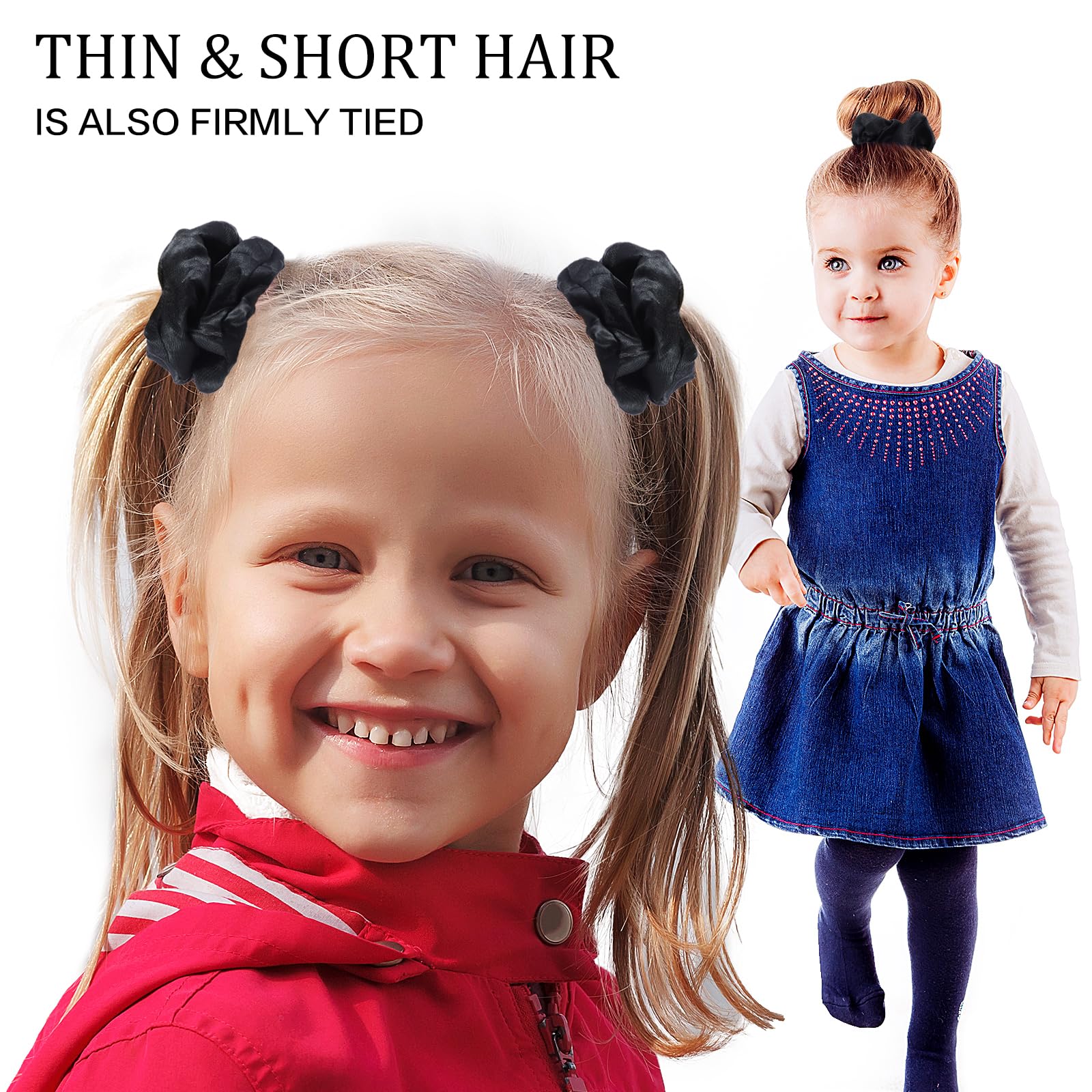 SUTHIA scrunchie next to a hand to show size and stretchability