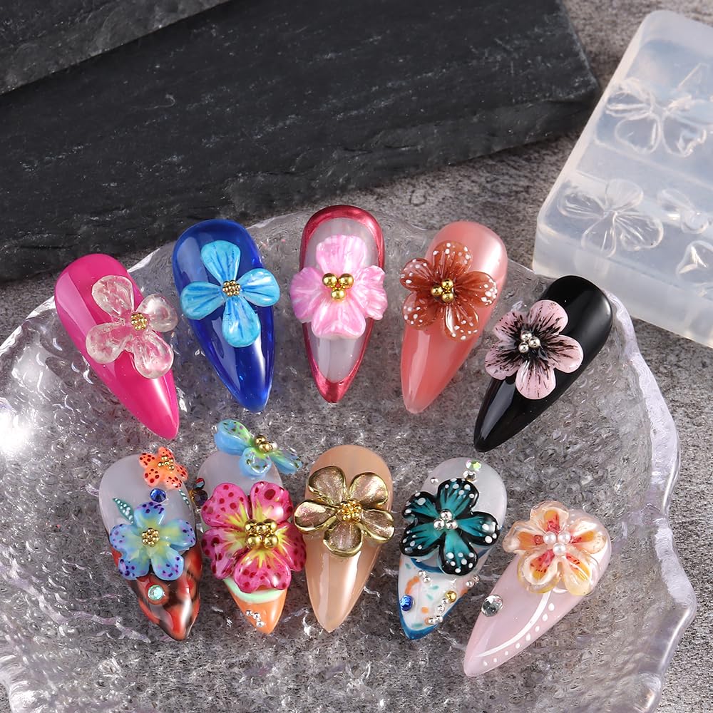 Finished 3D flower nail accents from SUTOKAKA on acrylic nails, showing decorative effect