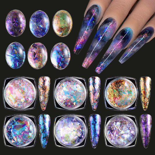 SUTOKAKA front view of six jars showing aurora opal flakes and organized storage benefits
