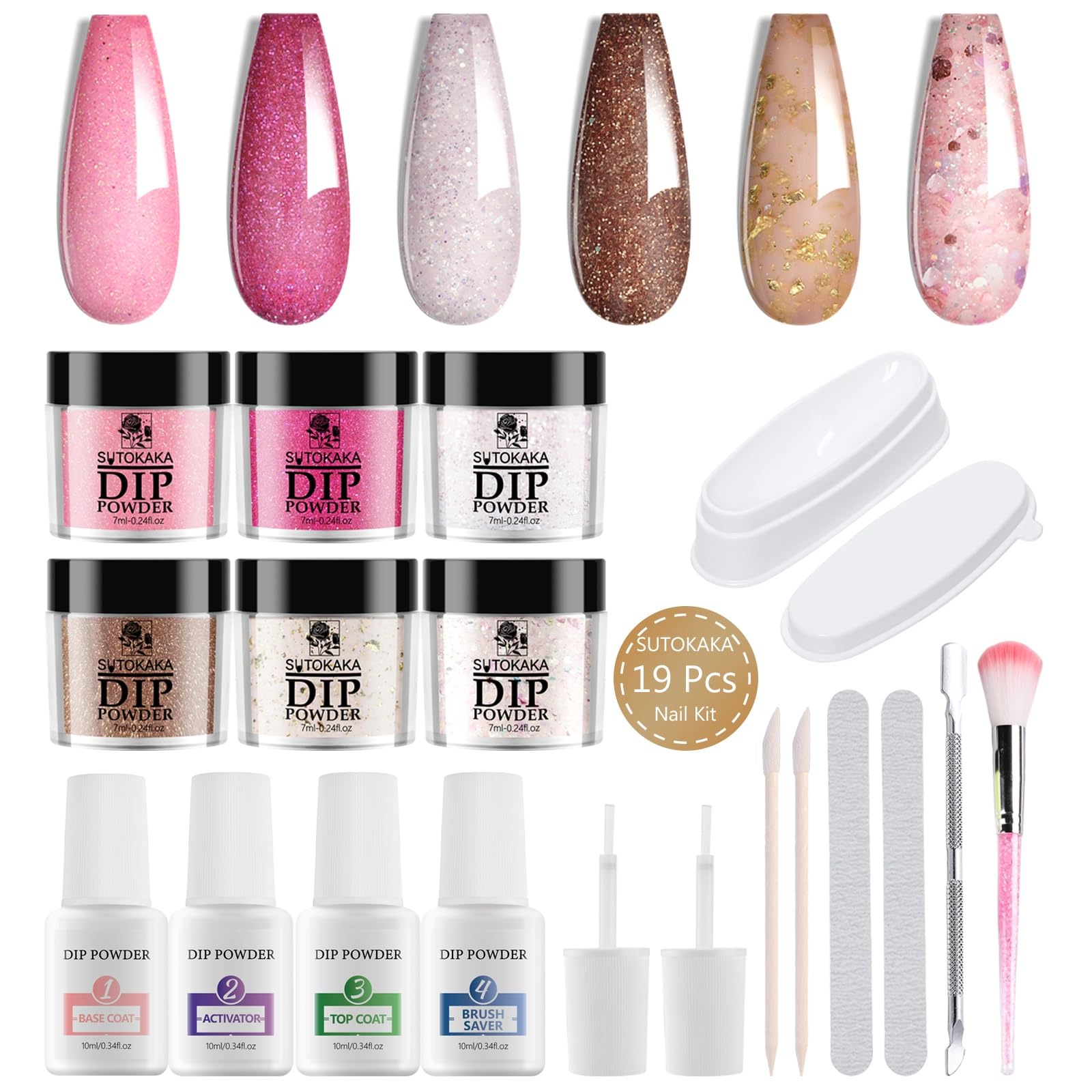 SUTOKAKA front packaging showing full nude pink glitter dip powder kit and contents benefit convenience