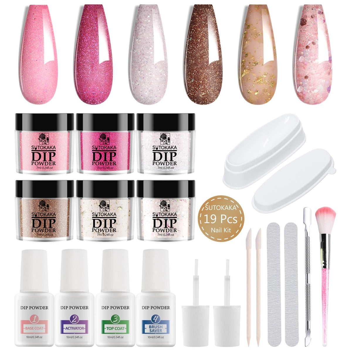 SUTOKAKA front packaging showing full nude pink glitter dip powder kit and contents benefit convenience
