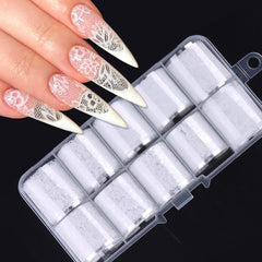 sutokaka front packaging showing ten white lace foil rolls and compact box for storage
