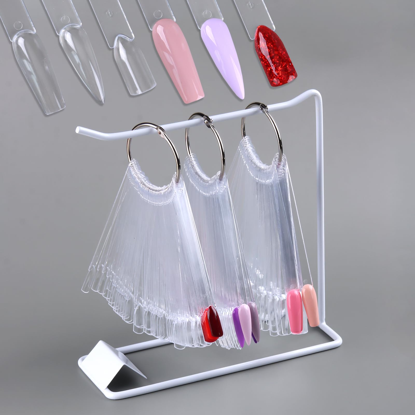 SUTOKAKA iron display rack front view showing organized swatch fans and tidy presentation