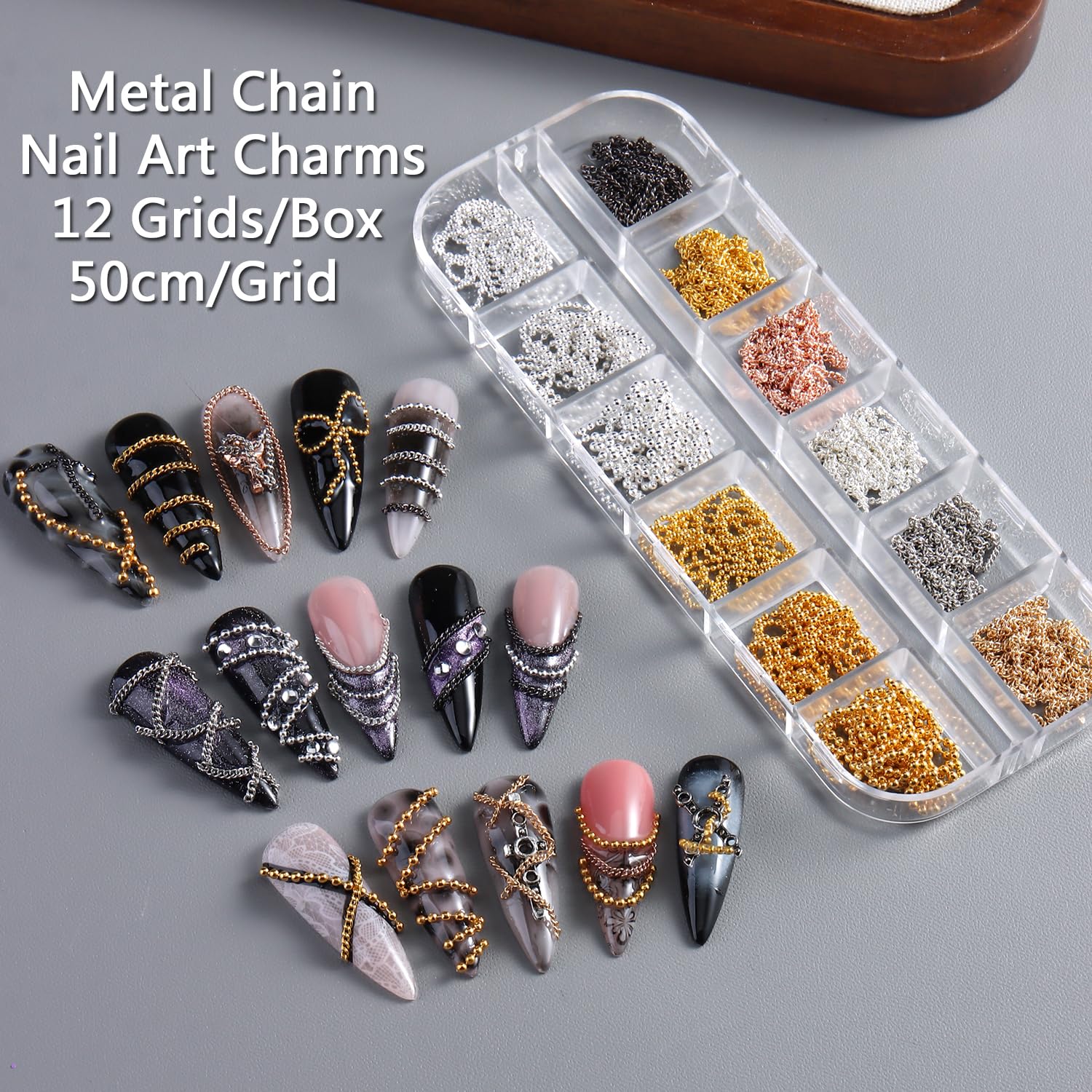 SUTOKAKA gold chain on nail showcasing glam accent and reflective shine