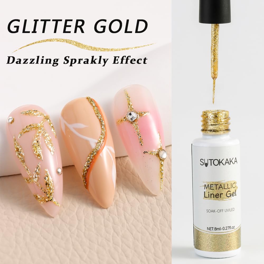 SUTOKAKA gold glitter swatch on nail tip illustrating warm reflective shimmer