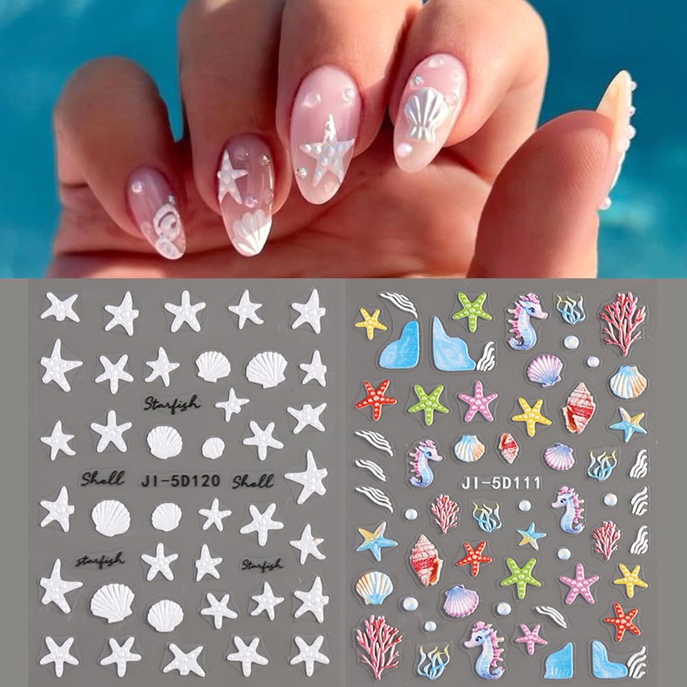 SUTOKAKA applied stickers on nails in a beach-themed manicure showing polished result