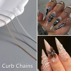 SUTOKAKA silver curb chain on acrylic nail demonstrating secure fit