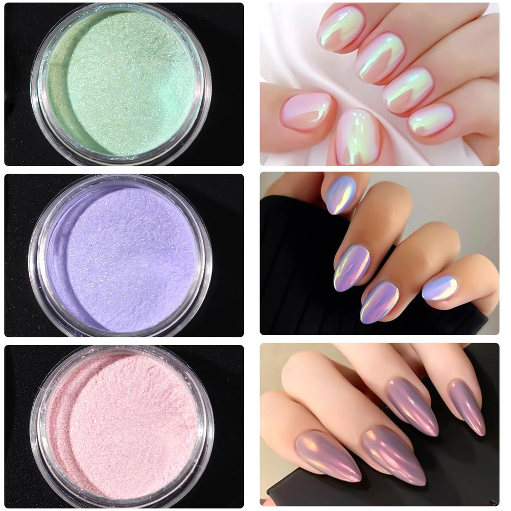 SUTOZMIWE before and after nails showing dramatic metallic mirror transformation