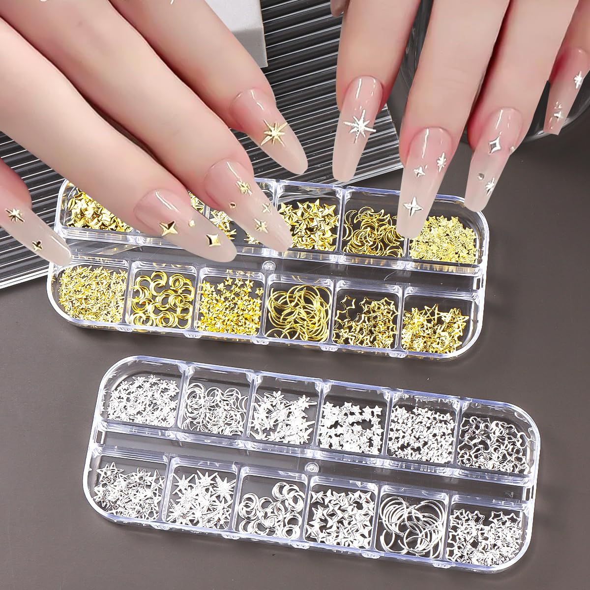 SUTOZMIWE charms applied on clear polish sample illustrating finished look and wearable sparkle