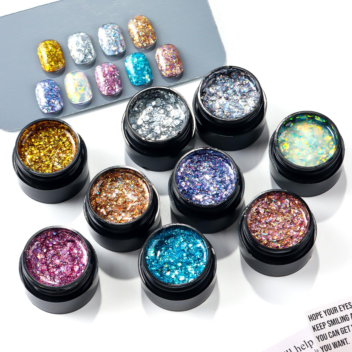 Arranged SUTOZMIWE color chart displaying nine holographic glitter shades for design ideas