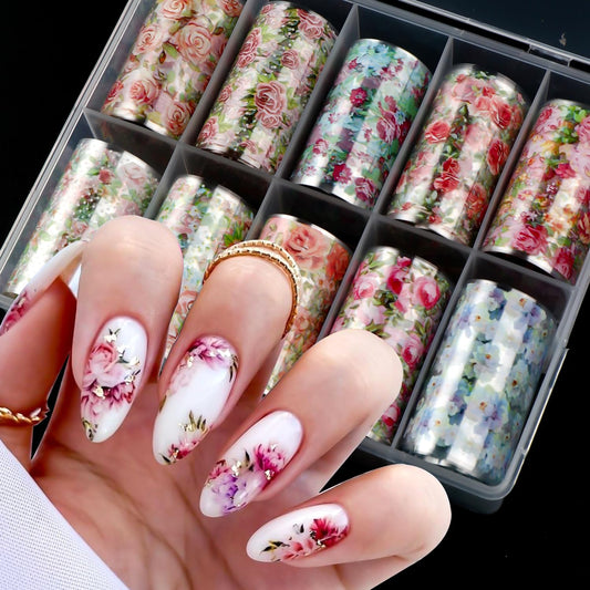 SUTOZMIWE front packaging showing ten floral foil rolls for quick manicures