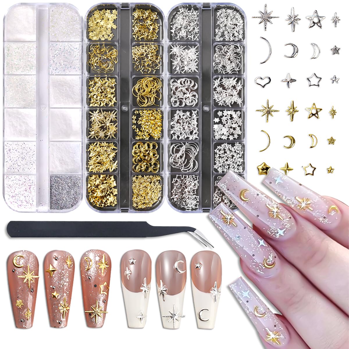 SUTOZMIWE front packaging showing full star moon nail kit and components benefit easy selection