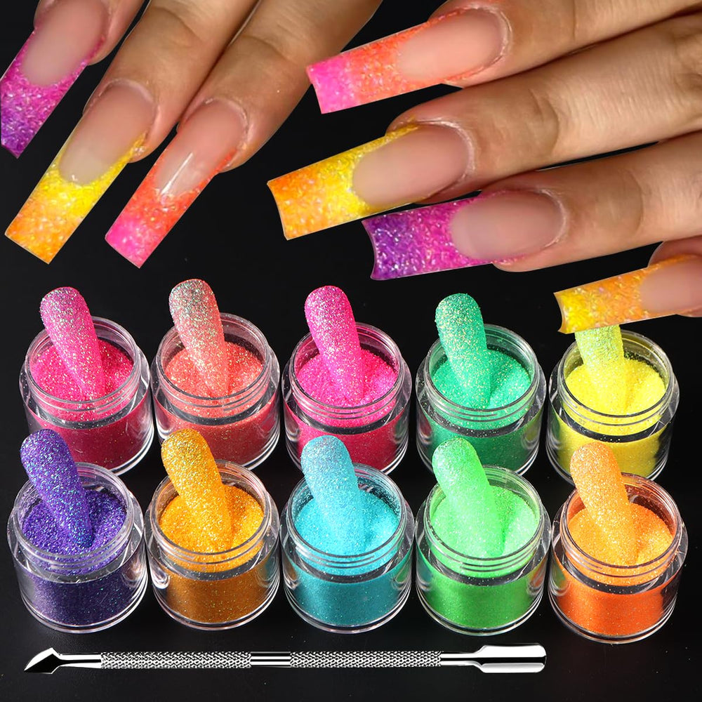 SUTOZMIWE front packaging showing ten glitter bottles and cuticle pusher, ideal starter kit
