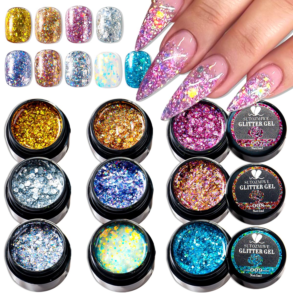 SUTOZMIWE front packaging showing nine glitter gel boxes and vibrant colors for easy selection