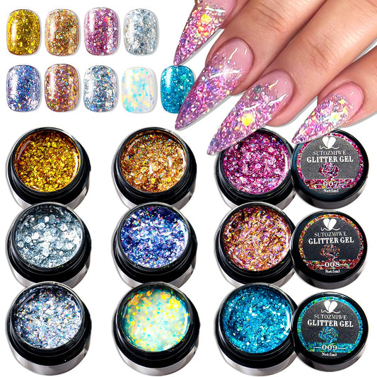 SUTOZMIWE front packaging showing nine glitter gel boxes and vibrant colors for easy selection