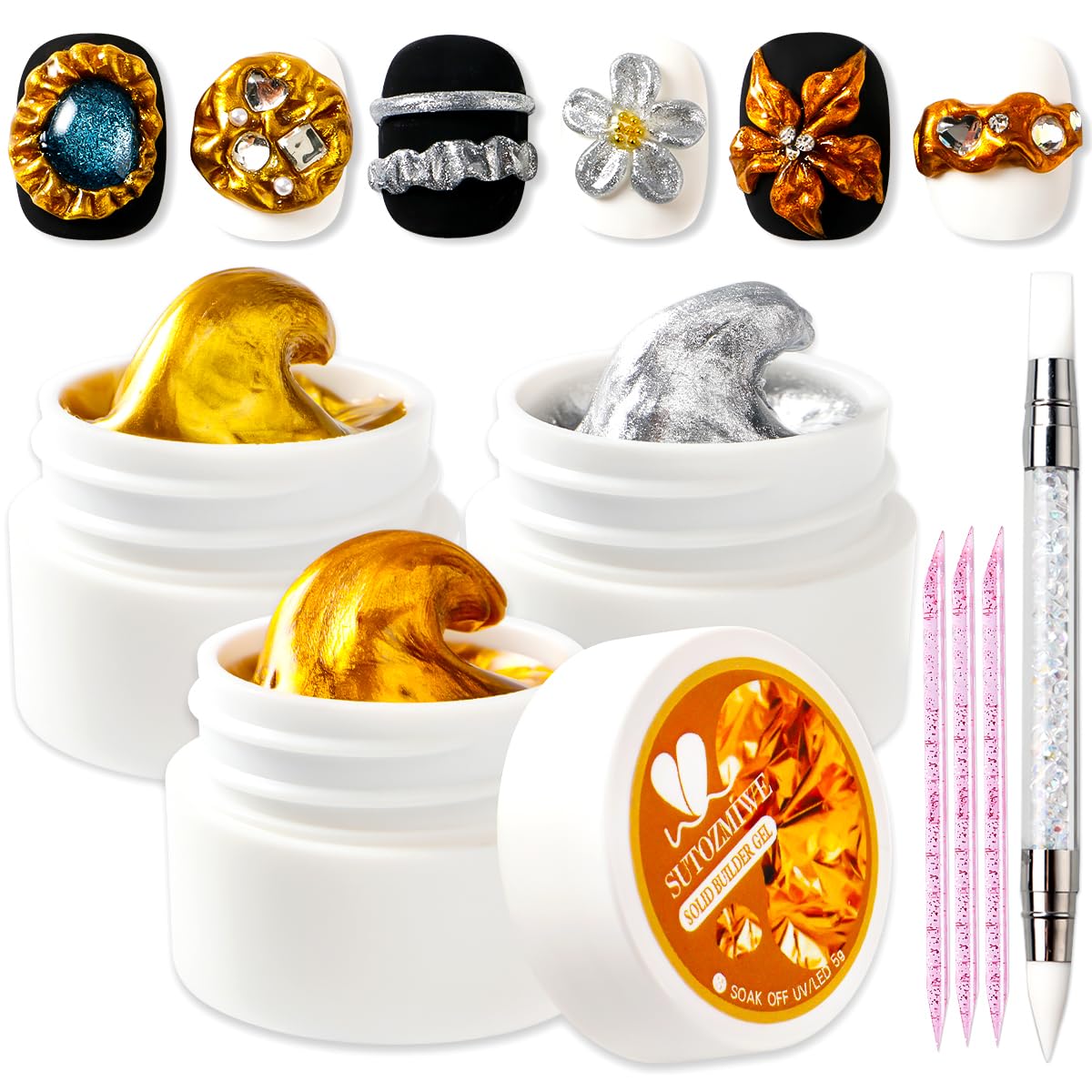 SUTOZMIWE front packaging showing three 5ml metallic sculpting gels and tools for quick setup