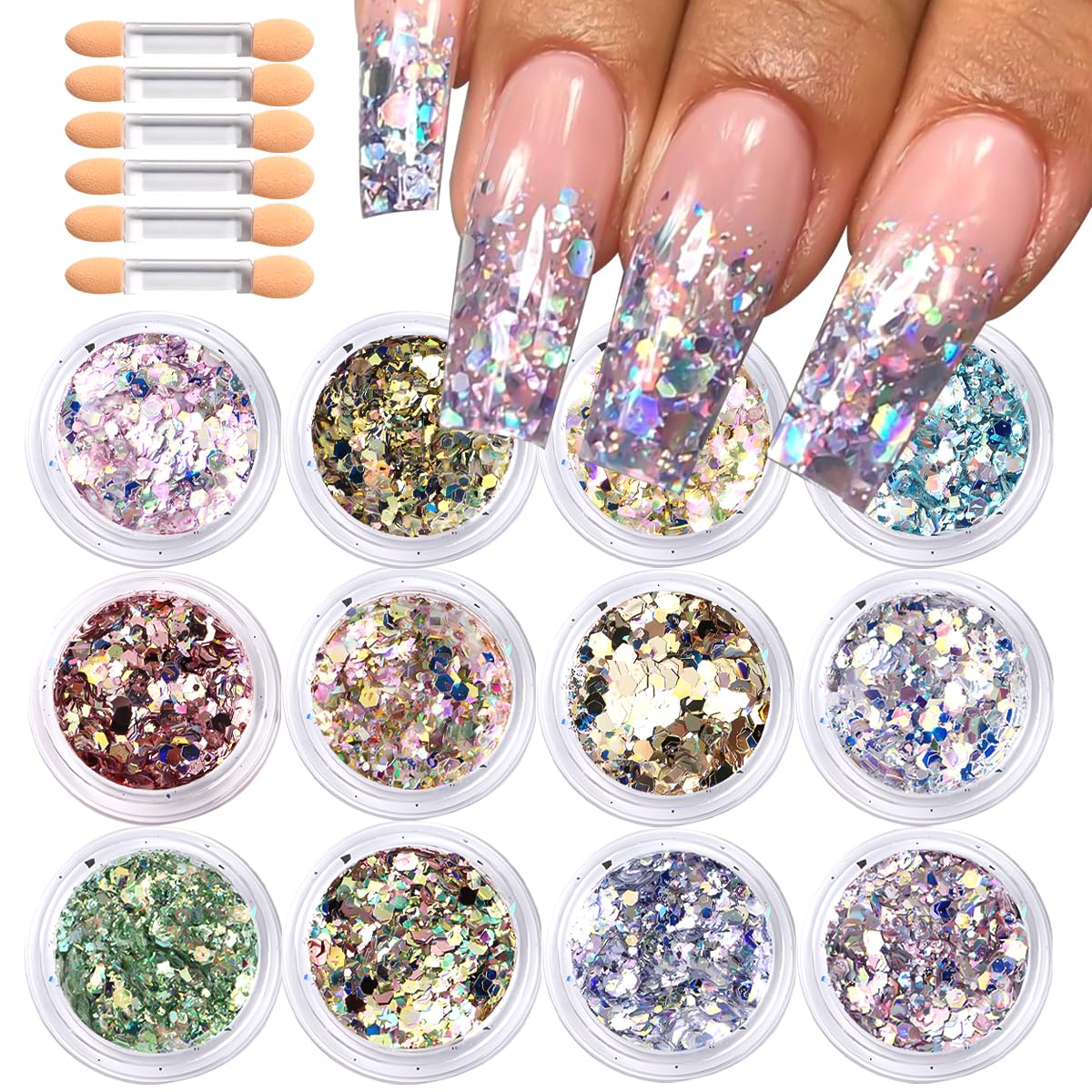 SUTOZMIWE front packaging showing 12 holographic glitter boxes and benefits