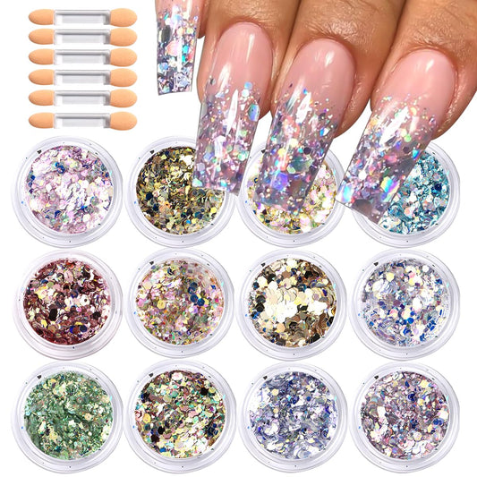 SUTOZMIWE front packaging showing 12 holographic glitter boxes and benefits