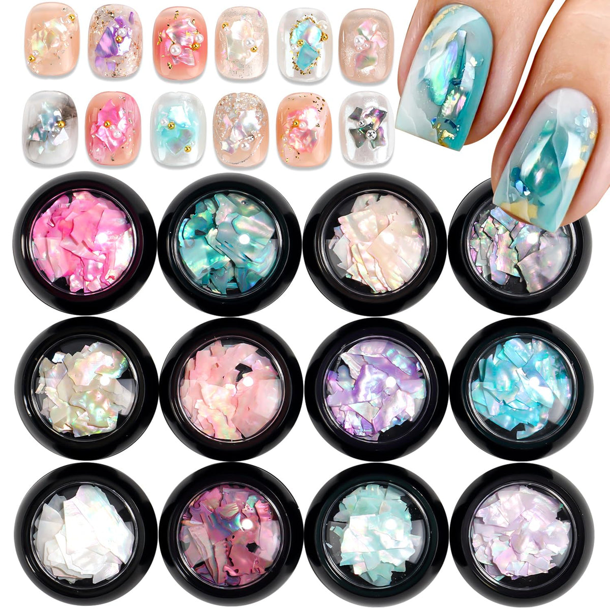 SUTOZMIWE front packaging showing all 12 jars and colorful shells, inspiring creative manicures