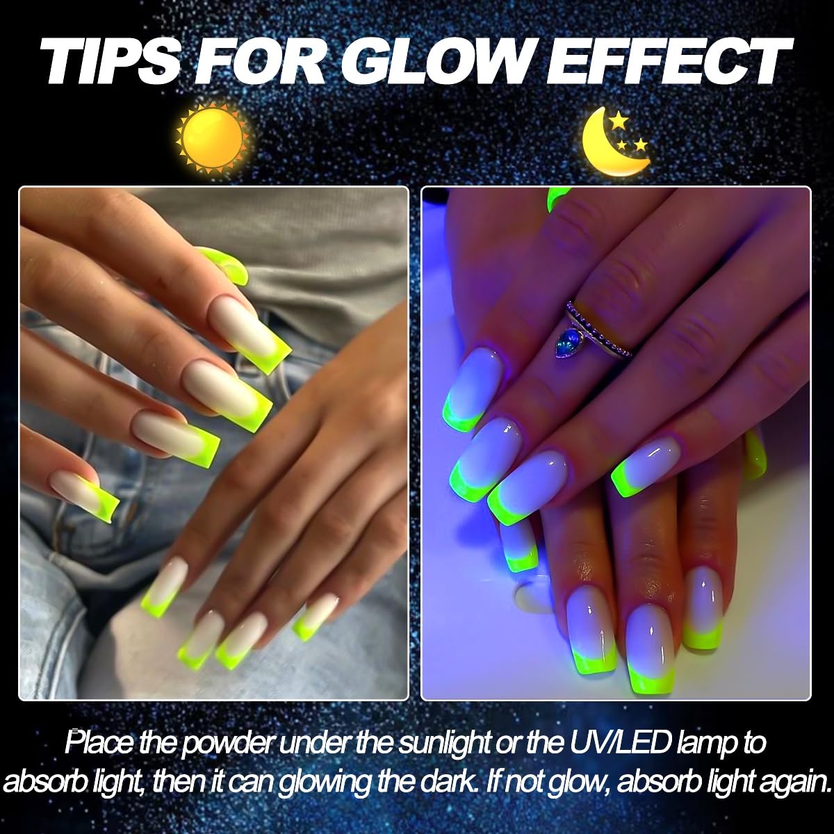 SUTOZMIWE glowing nail set photographed in dark to show bright after-dark effect