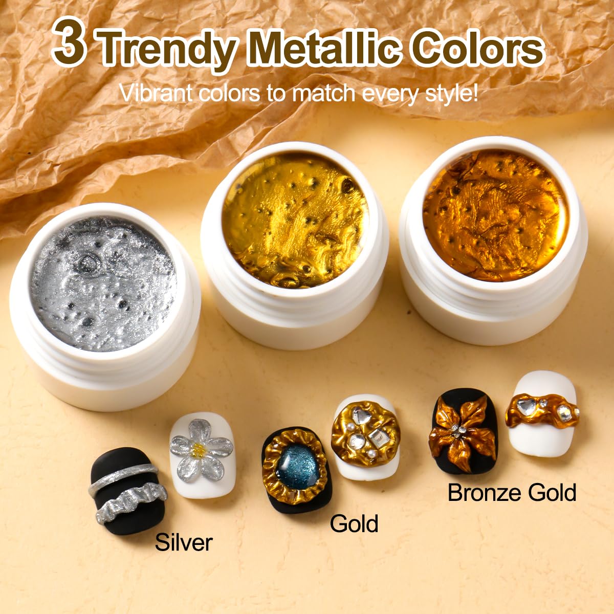 SUTOZMIWE gold gel jar close-up showing mirror-like metallic pigment and easy sculpting