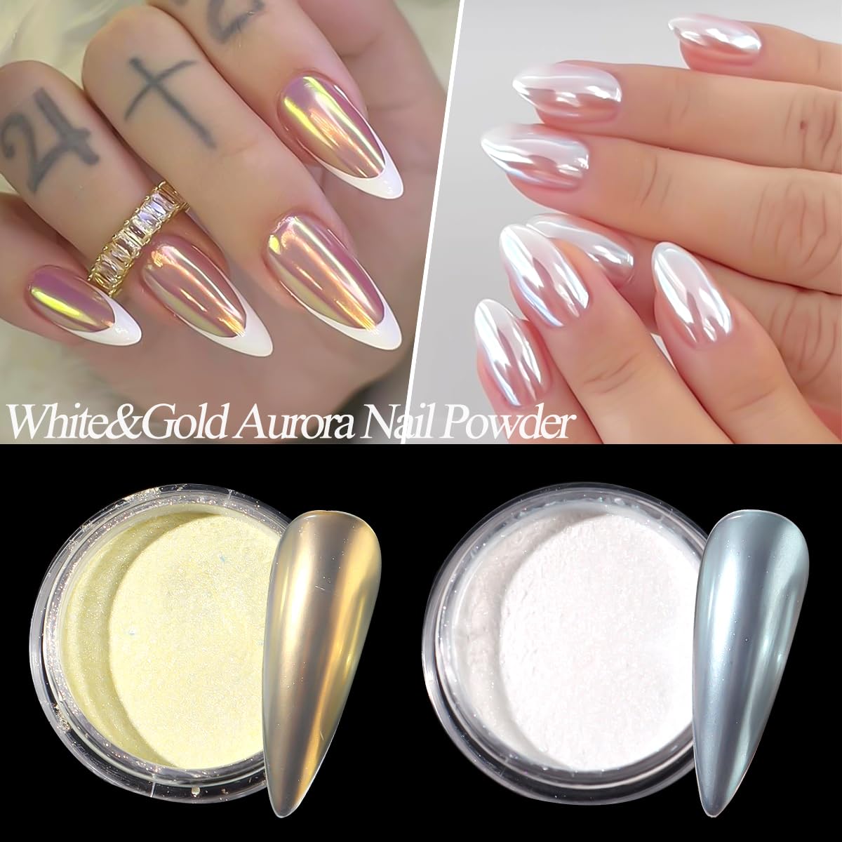 SUTOZMIWE powder being rubbed onto cured gel nail, quick mirror finish benefit