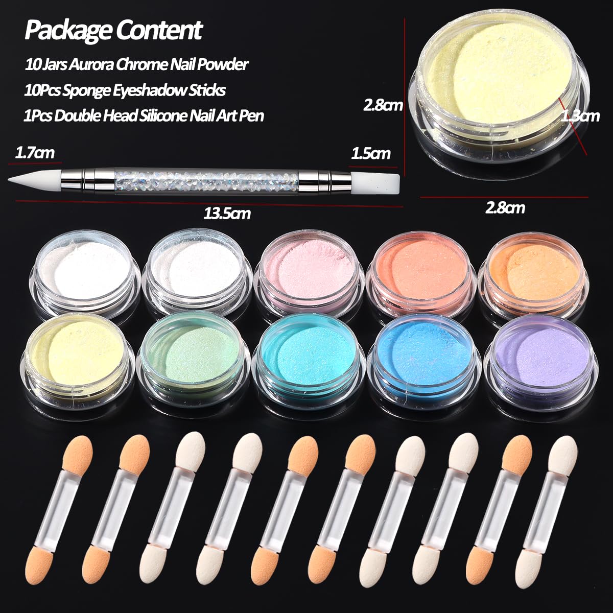SUTOZMIWE opened jar close-up showing ultra-fine mermaid chrome powder, precise coverage