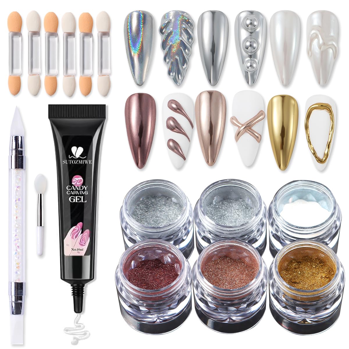 SUTOZMIWE jar set front showing six chrome powders and tools for creative nail finishes