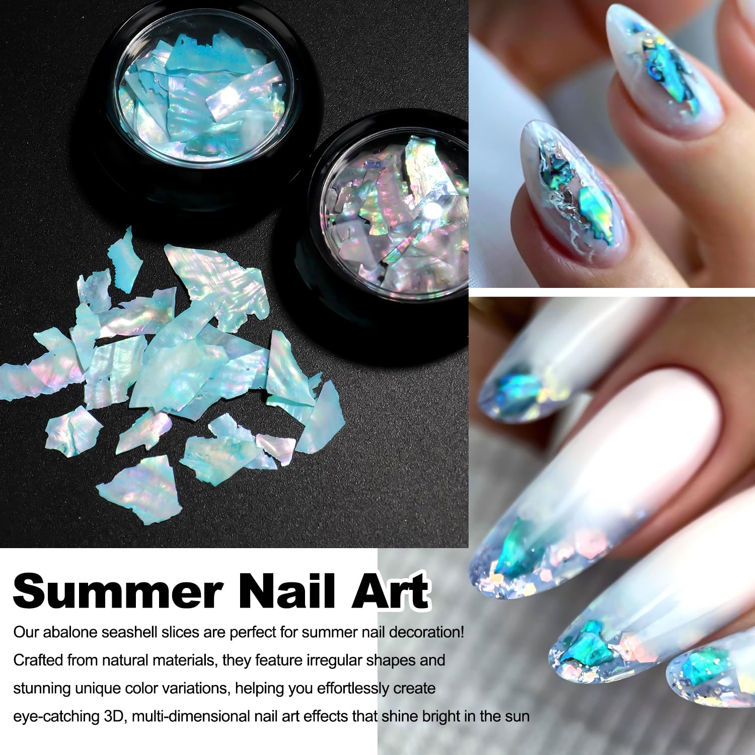 SUTOZMIWE nail application step with tweezers placing a shell flake, demonstrating easy use