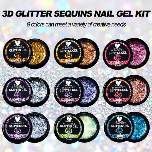 SUTOZMIWE open box with nine 5ml bottles visible, demonstrating included glitter gel set