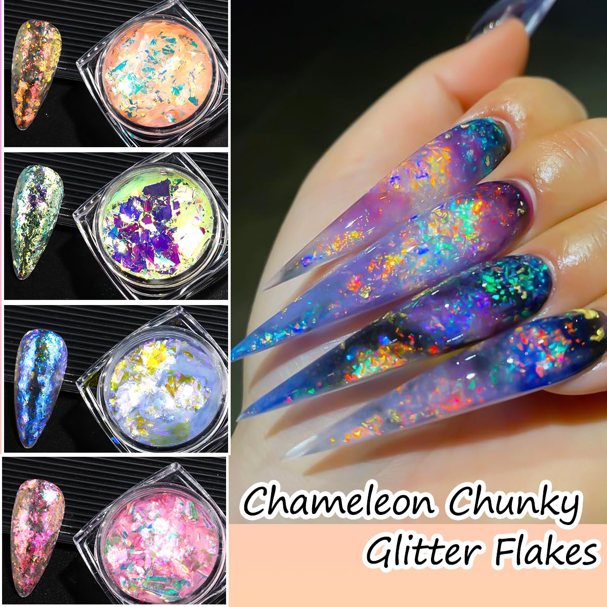 SUTOZMIWE flakes on different base colors demonstrating chameleon effects