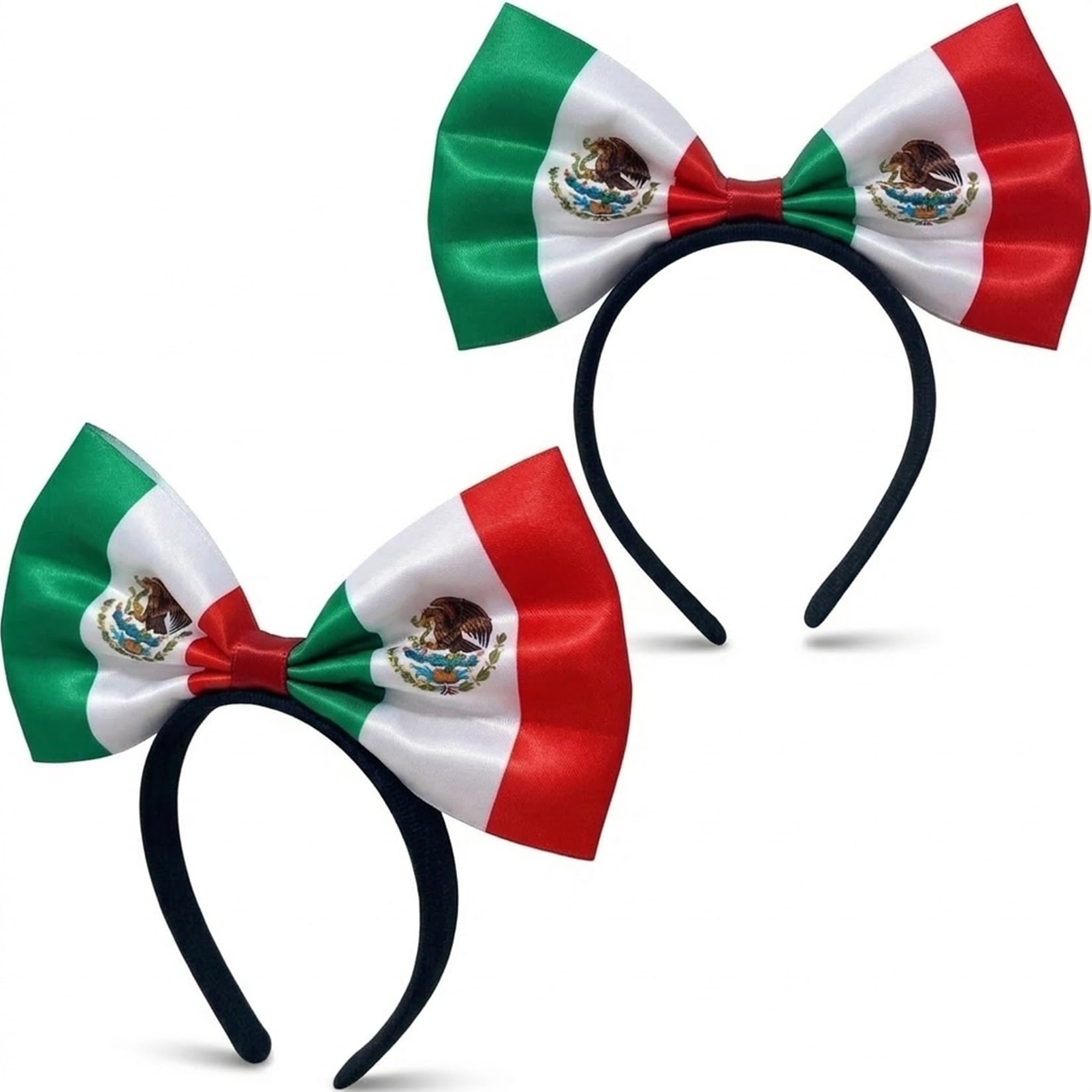 Suyka front view of Mexico flag bow headband showing bold tricolor and packaging benefit