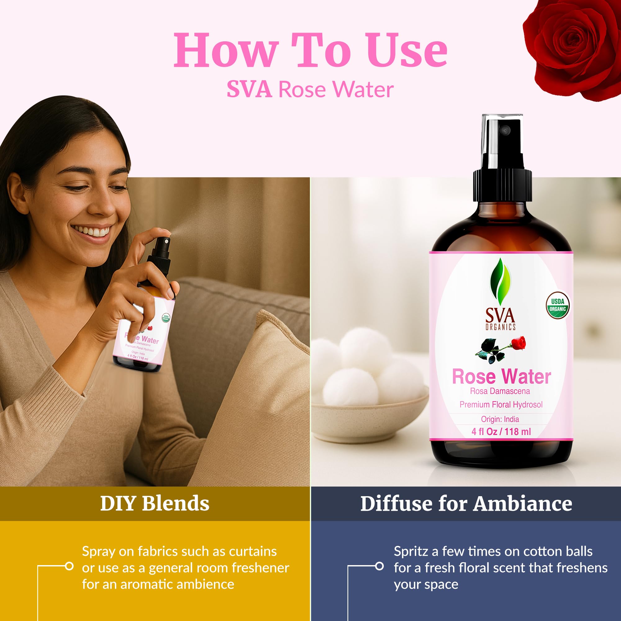 SVA ORGANICS spritzed on linens showing fabric freshening advantage