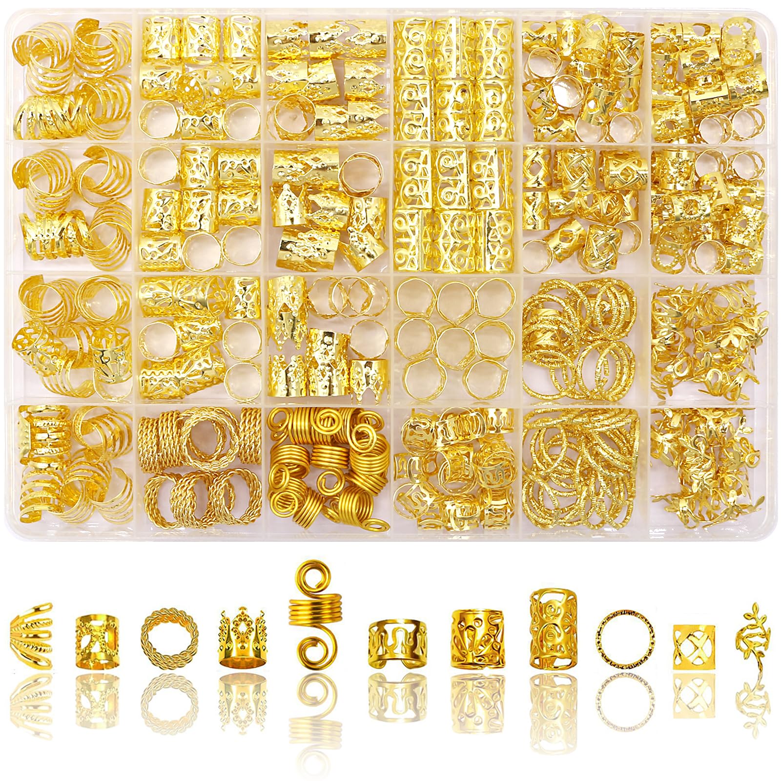 SVNMU front packaging showing full 280-piece gold hair jewelry set, convenient storage