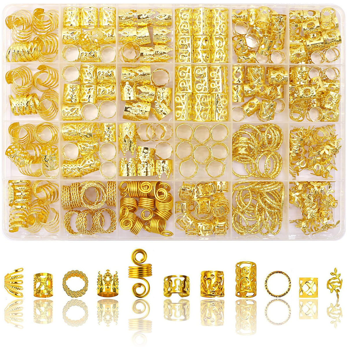 SVNMU front packaging showing full 280-piece gold hair jewelry set, convenient storage