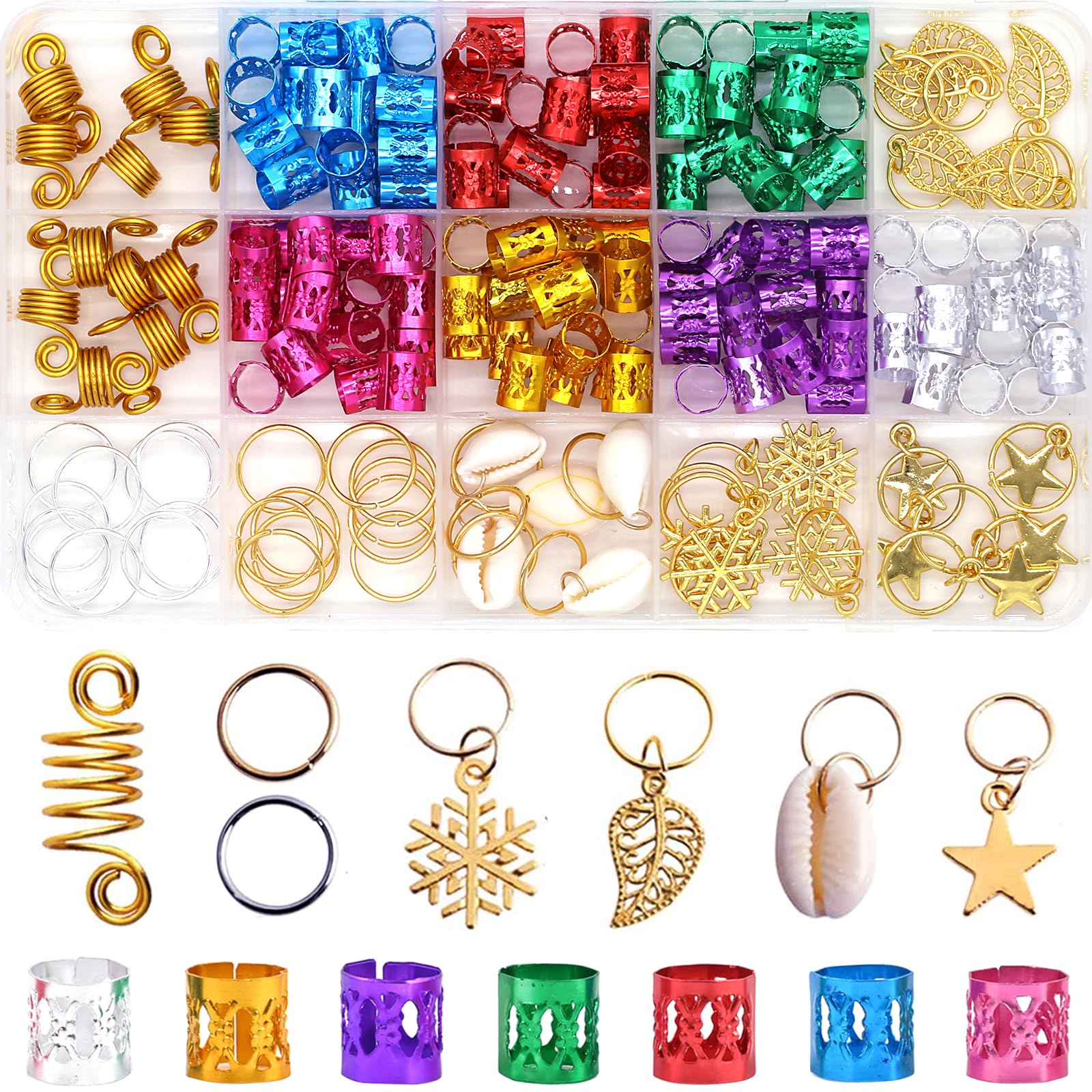 SVNMU front view of full 190pcs hair jewelry kit showing colors and pieces, inspiring styling