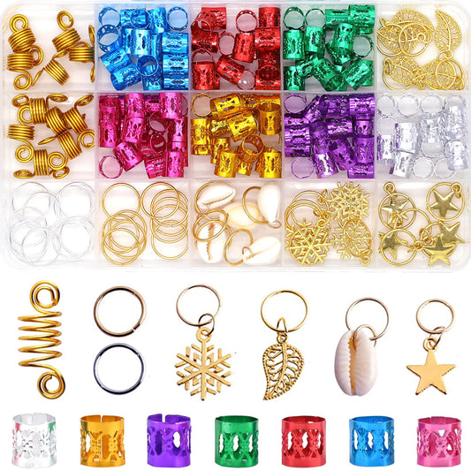 SVNMU front view of full 190pcs hair jewelry kit showing colors and pieces, inspiring styling