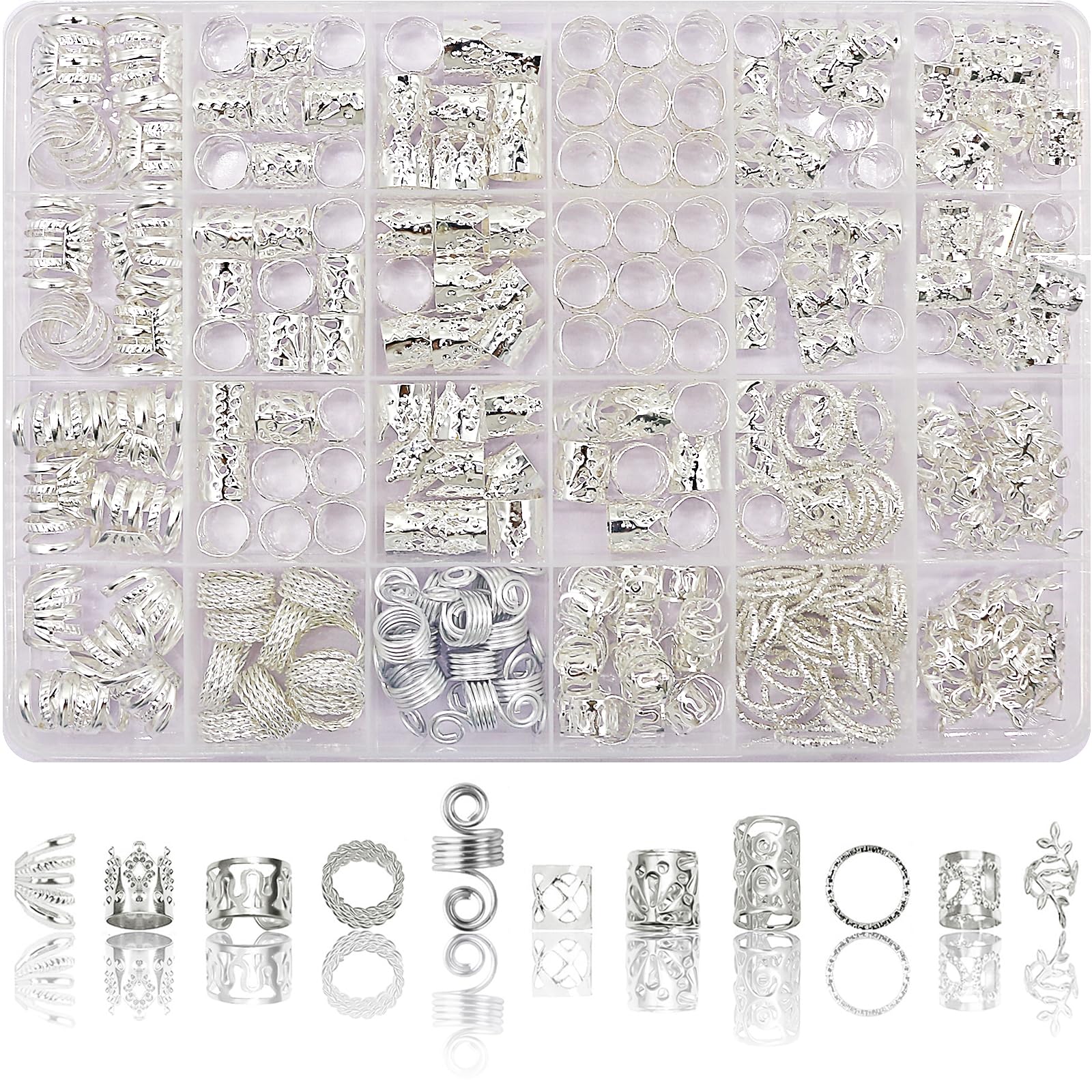 SVNMU front packaging showing complete 280-piece silver hair jewelry kit benefits