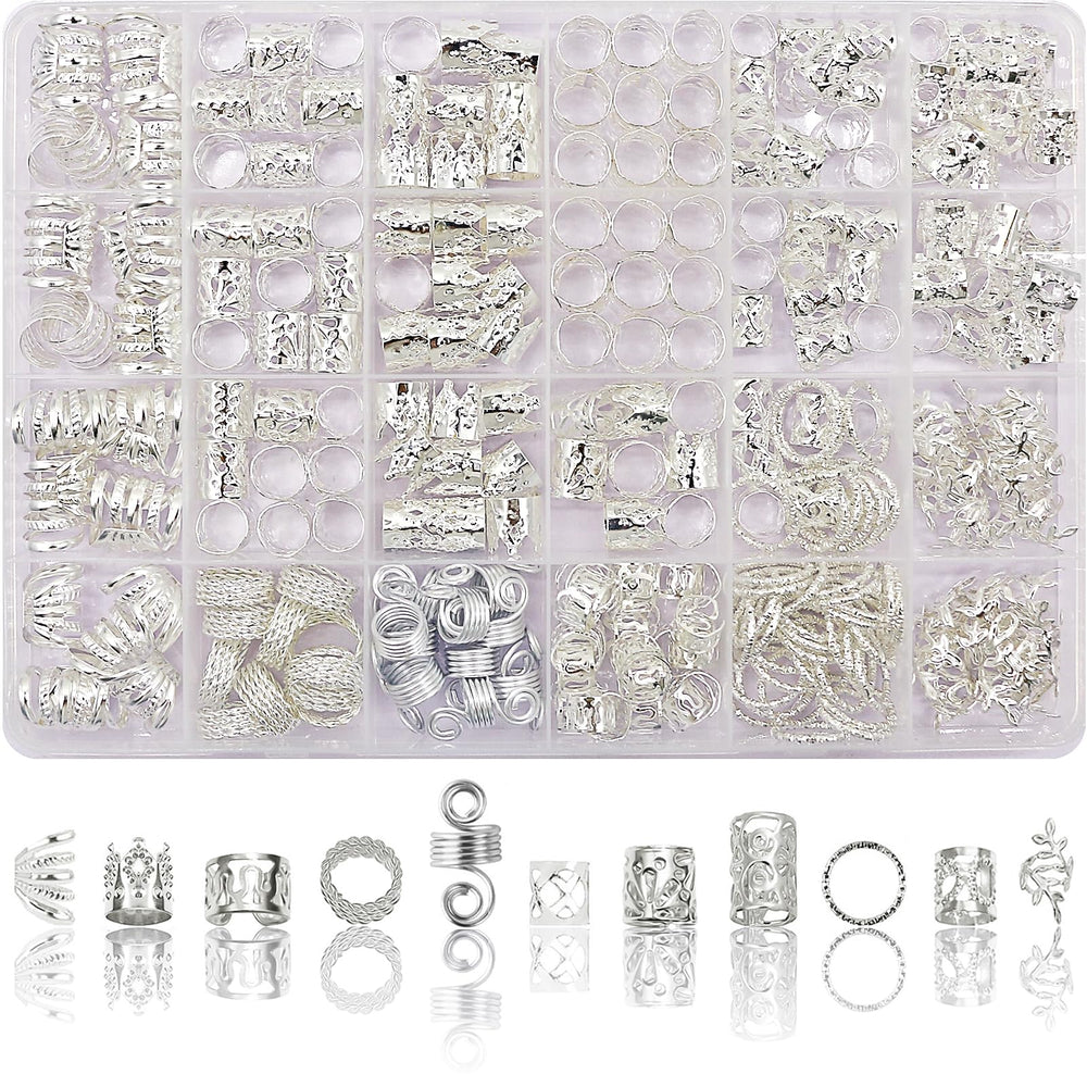SVNMU front packaging showing complete 280-piece silver hair jewelry kit benefits