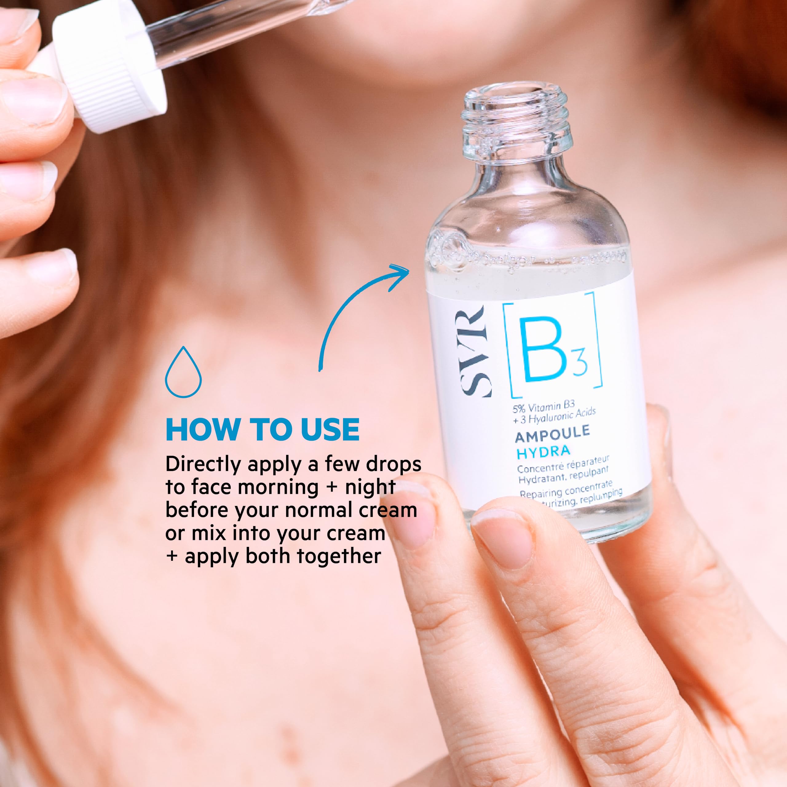 SVR ingredient layout highlighting niacinamide and three hyaluronic acids benefits