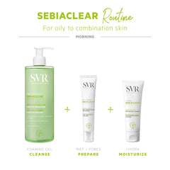 SVR Sebiaclear Hydra on bathroom shelf in lifestyle scene showing daily routine compatibility and subtle finish